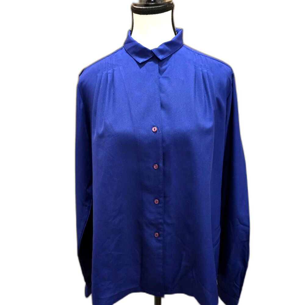 Vintage 1980s Nicola Blouse Womens 14 Royal Blue Pleated Shoulders Made in Japan